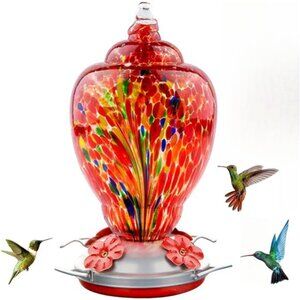 Hummingbird Feeder for Outdoors Patio Large 32 Ounces Colorful Hand Blown Glass